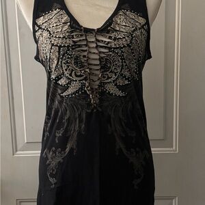 Black Rhinestone Angel Wing Sleeveless Top | Cutout Front & Back | Size XL